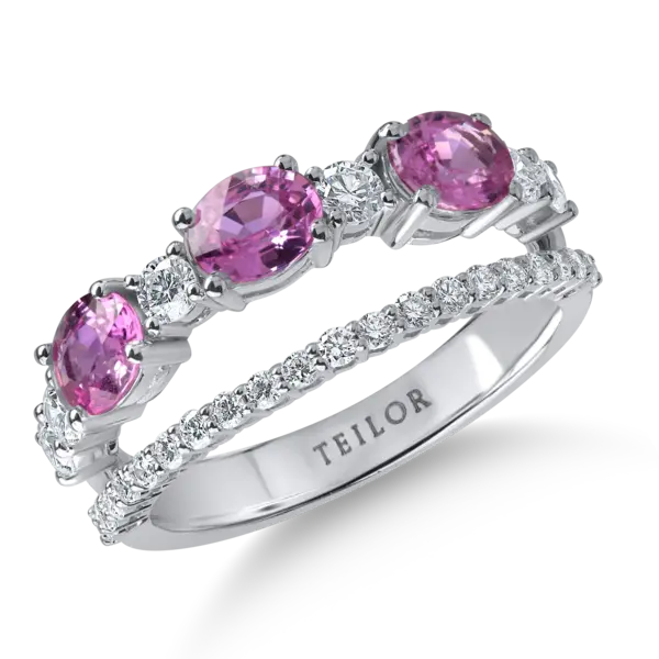 Inel dublu din aur alb cu safire roz ovale de 1.29ct si diamante de 0.55ct