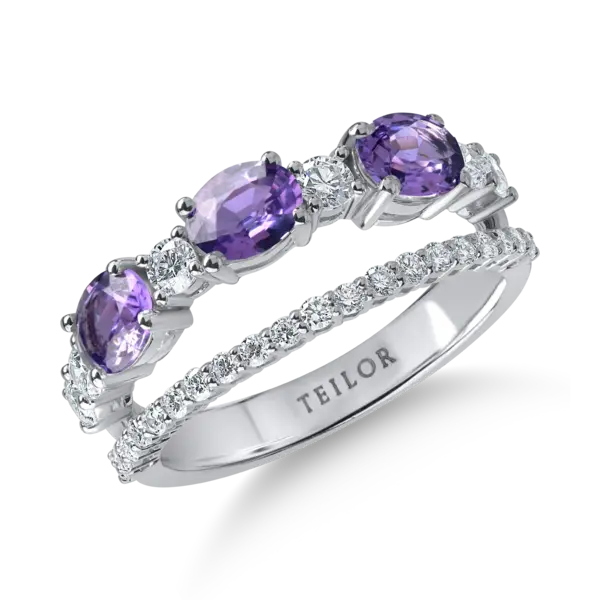 Inel dublu din aur alb cu safire violet ovale de 1.09ct si diamante de 0.47ct