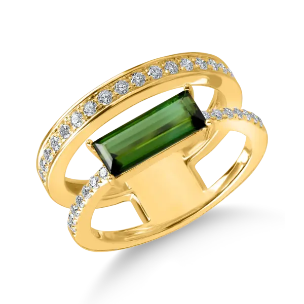 Inel dublu din aur galben cu turmalina verde rectangulara de 1.3ct si diamante de 0.3ct