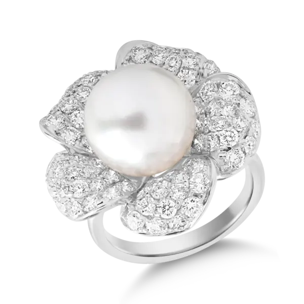 Inel floare din aur alb cu perla de cultura de 12.25ct si diamante de 2.99ct