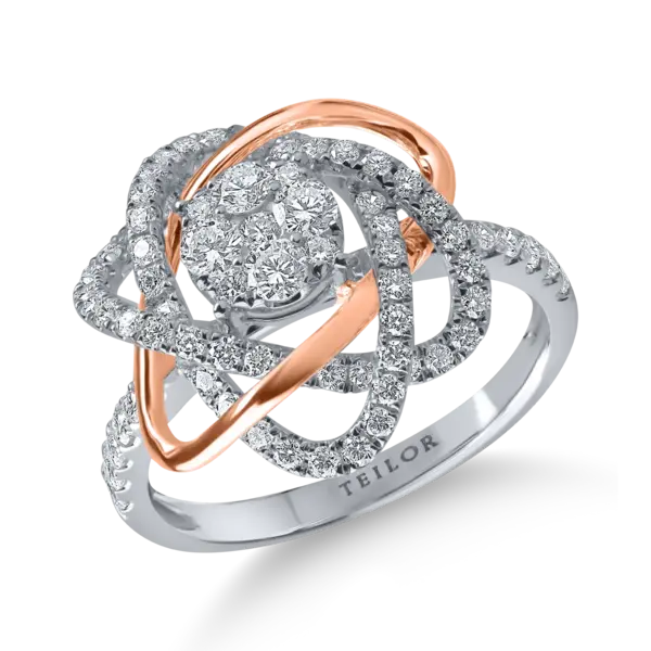 Inel floare din aur alb-roz cu diamante microsetting de 0.9ct