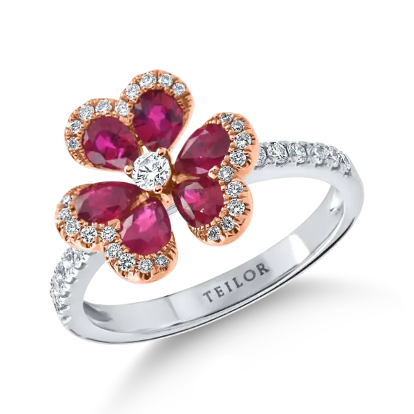 Inel floare din aur alb-roz cu rubine pear de 1ct si diamante de 0.3ct