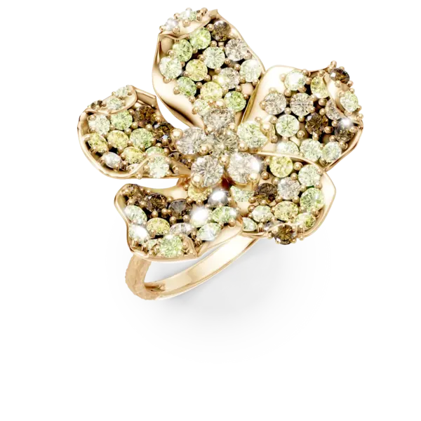 Inel floare din aur galben cu diamante multicolore de 2.6ct
