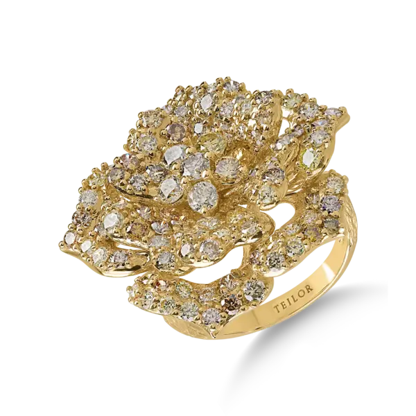 Inel floare din aur galben cu diamante multicolore de 3.33ct