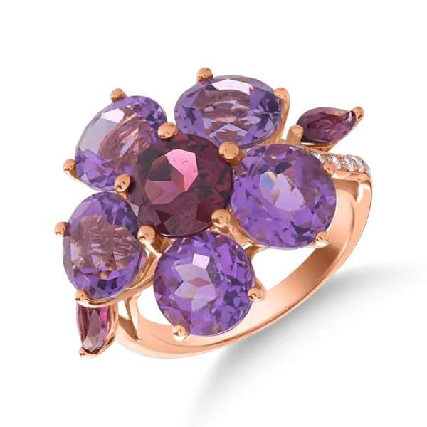 Inel floare din aur roz cu pietre pretioase si semipretioase de 9.22ct