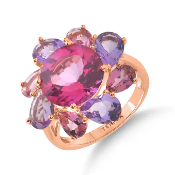 Inel floare din aur roz cu pietre semipretioase de 10.7ct