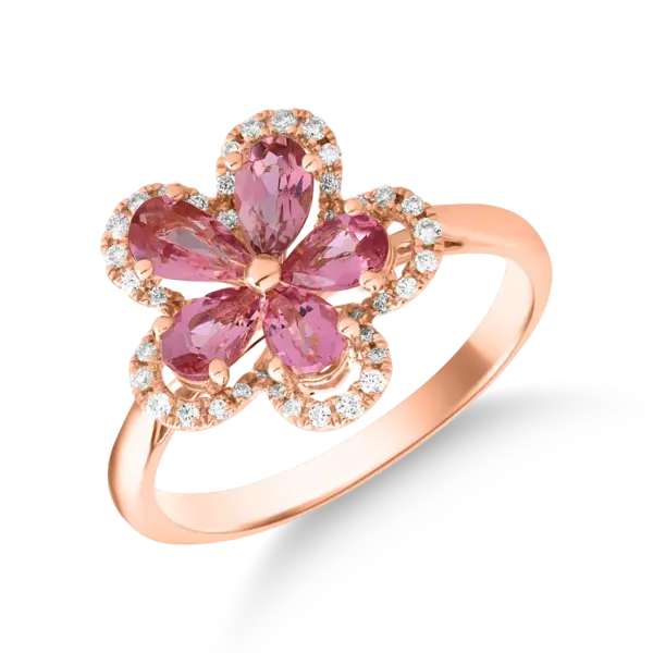 Inel floare din aur roz cu turmaline roz de 0.9ct si diamante de 0.15ct