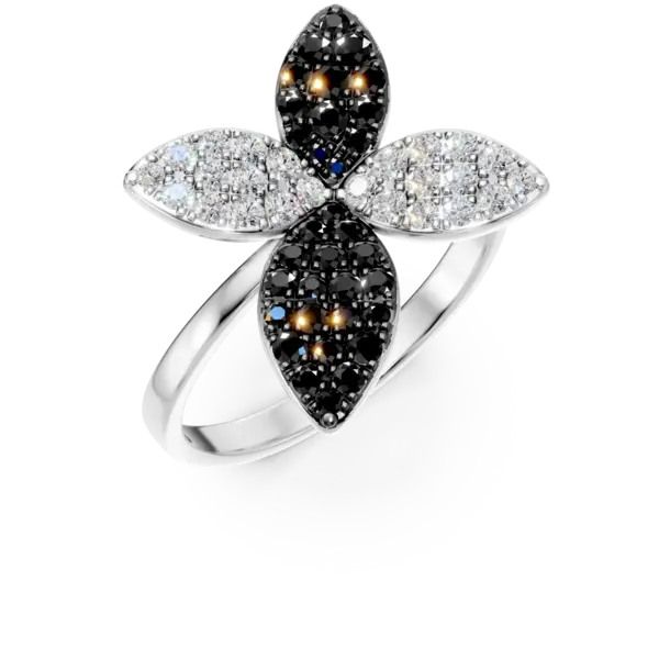 Inel floral din aur alb cu diamante negre si incolore de 0.76ct