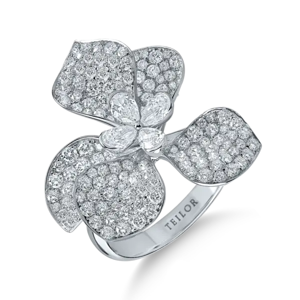 Inel floral din aur alb cu diamante pear si rotunde de 2.72ct