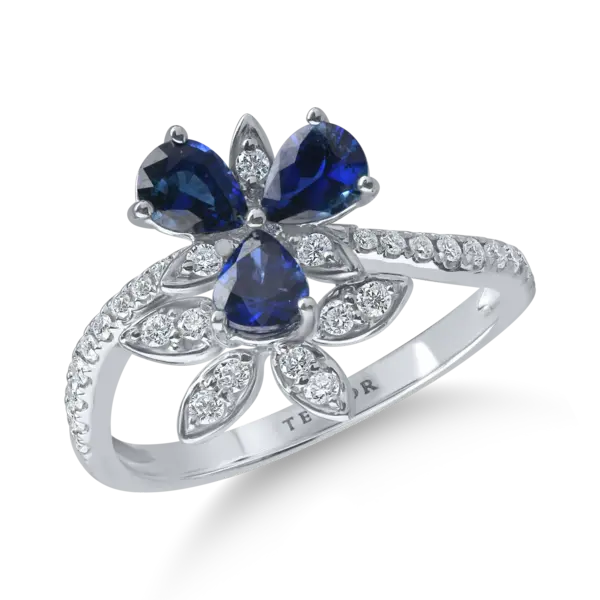 Inel floral din aur alb cu safire pear si diamante de 1.3ct