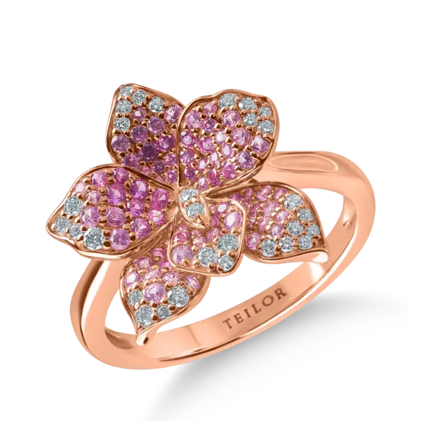 Inel floral din aur roz cu safire roz de 0.65ct si diamante de 0.16ct