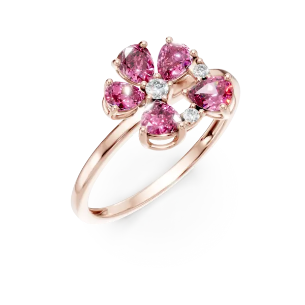 Inel floral din aur roz cu safire roz pear de 0.76ct si diamante de 0.04ct