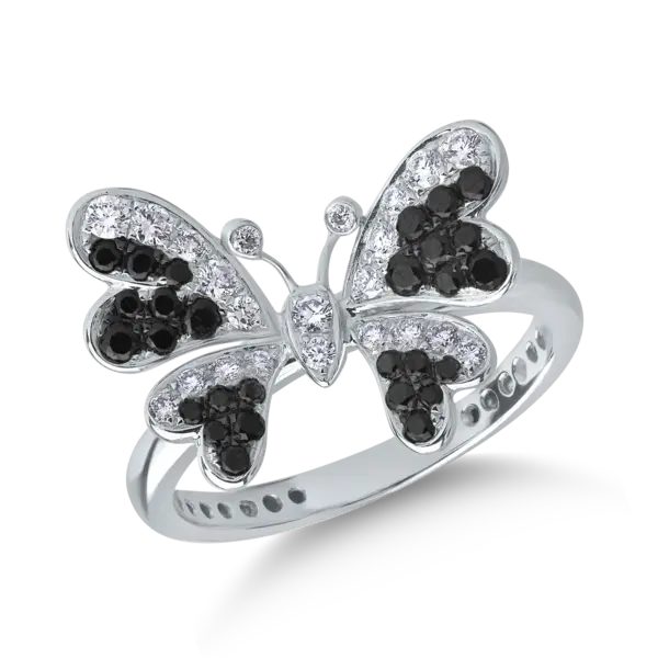 Inel fluture din aur alb cu diamante negre de 0.33ct si diamante transparente de 0.25ct