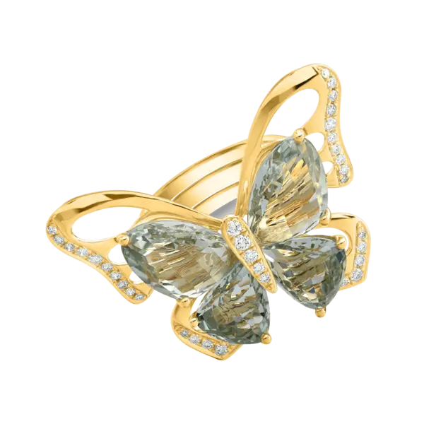 Inel fluture din aur galben cu ametiste verzi de 11.5ct si diamante de 0.38ct