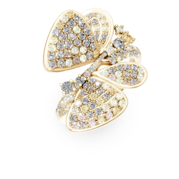 Inel fluture din aur galben cu diamante multicolore de 0.19ct