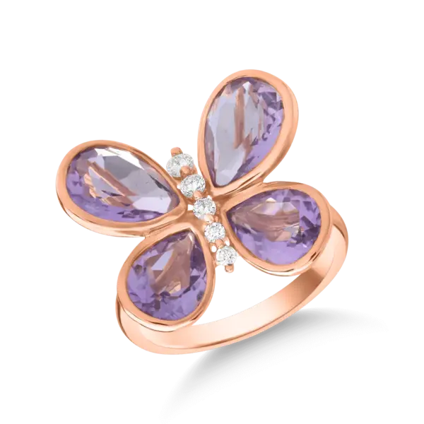 Inel fluture din aur roz cu ametiste de 4.053ct si diamante de 0.115ct