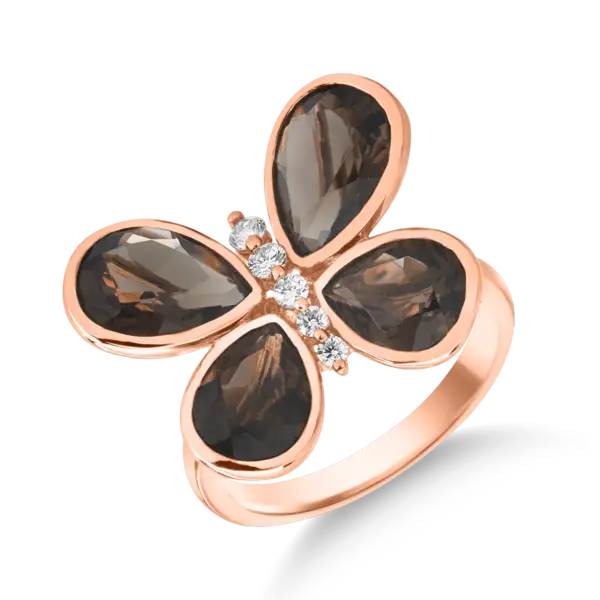 Inel fluture din aur roz cu cuart fumurii pear de 4ct si diamante de 0.1ct