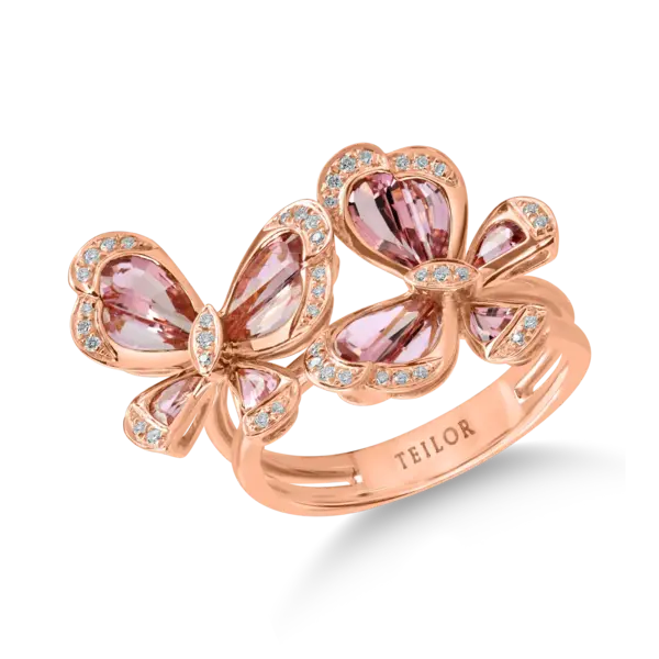 Inel fluturi din aur roz cu turmalina roz de 2.2ct si diamante de 0.15ct