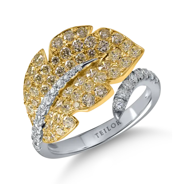 Inel frunza din aur alb-galben cu diamante galbene si incolore de 1.6ct