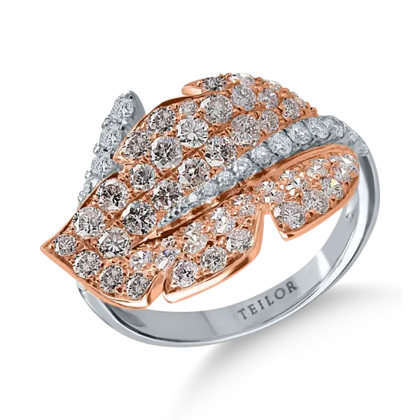 Inel frunza din aur alb-roz cu diamante roz si incolore de 1.69ct