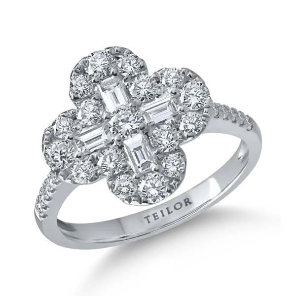 Inel geometric din aur alb cu diamante baguette si rotunde de 1.3ct