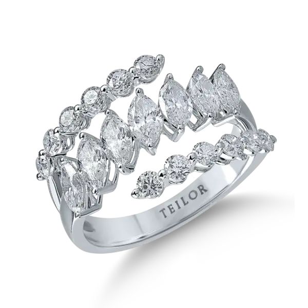 Inel geometric din aur alb cu diamante marquise si rotunde de 2.12ct