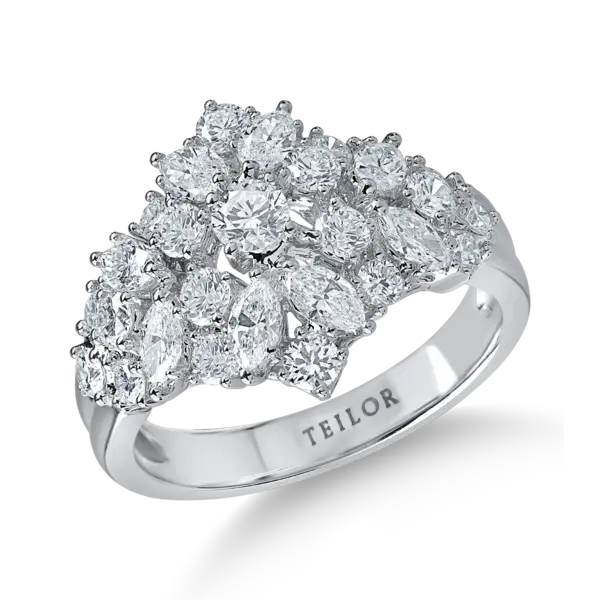 Inel geometric din aur alb cu diamante microsetting marquise si rotunde de 1.59ct