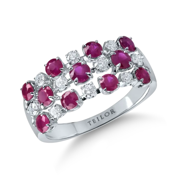 Inel geometric din aur alb cu rubine de 1.4ct si diamante de 0.3ct