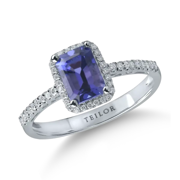 Inel geometric din aur alb cu tanzanit rectangular de 0.9ct si diamante de 0.1ct