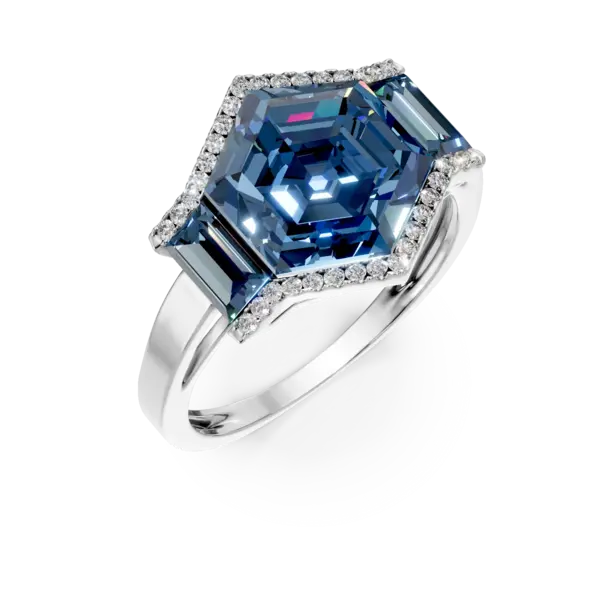 Inel geometric din aur alb cu topaze hexagonale si baguette de 7.1ct si diamante de 0.1ct