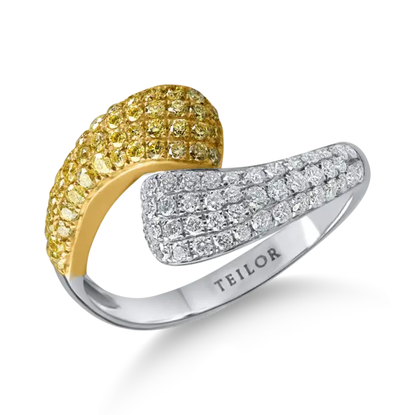 Inel geometric din aur alb-galben cu diamante galbene si incolore de 0.86ct