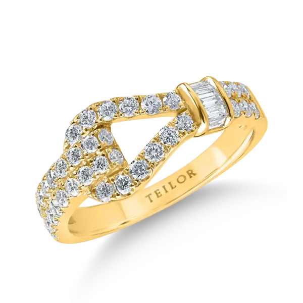 Inel geometric din aur galben cu diamante baguette si rotunde de 0.77ct