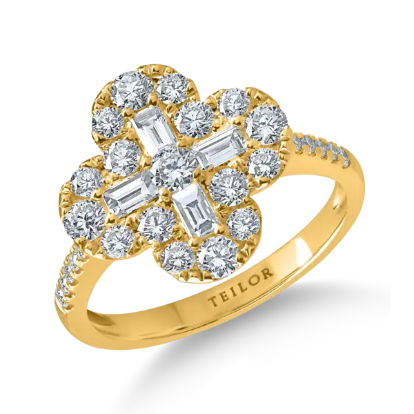 Inel geometric din aur galben cu diamante baguette si rotunde de 1.1ct