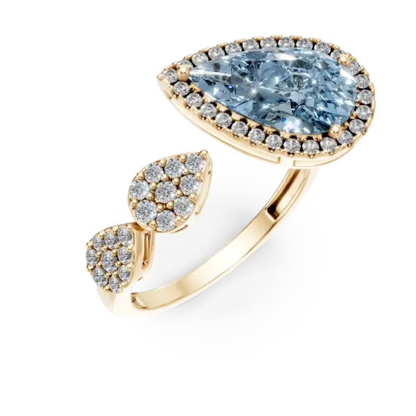 Inel geometric din aur galben cu topaz albastru pear de 2.4ct si diamante de 0.3ct