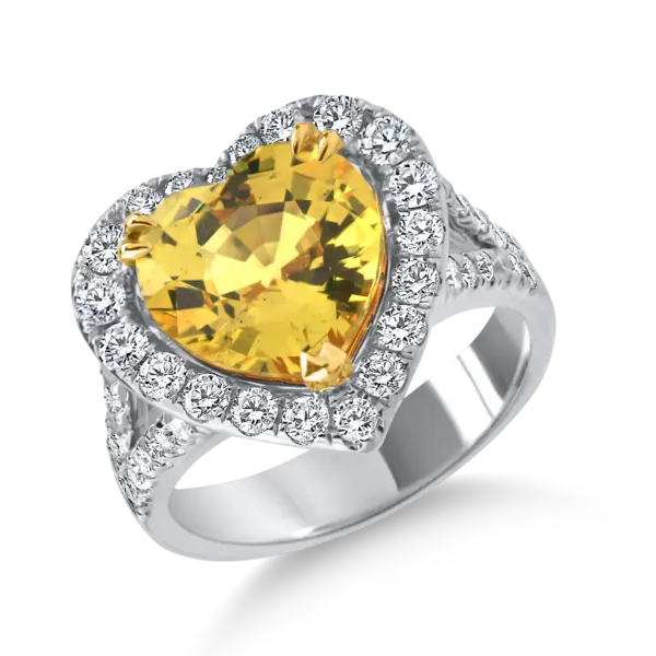 Inel inima din aur alb cu un safir galben heart de 4.6ct si diamante de 0.9ct