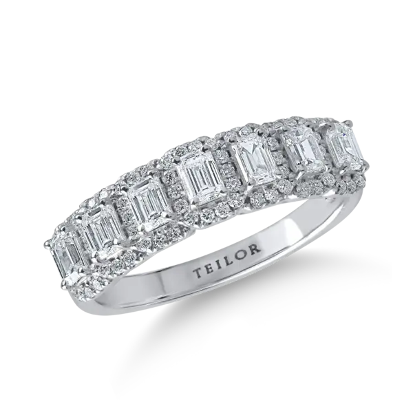 Inel minimalist din aur alb cu diamante emerald si rotunde de 1.1ct