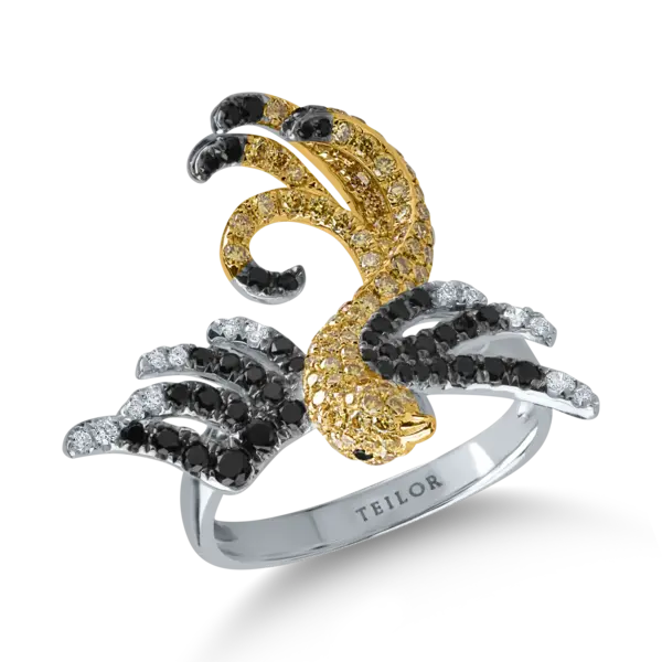 Inel pasare din aur alb-galben cu diamante de 1ct