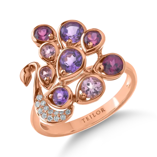 Inel paun din aur roz cu pietre semipretioase de 1.67ct