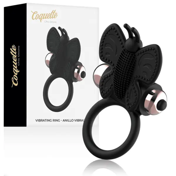 Inel pentru penis cu vibrații COQUETTE CHIC DESIRE – Butterfly, silicon moale, baterii LR44 incluse, negru/auriu