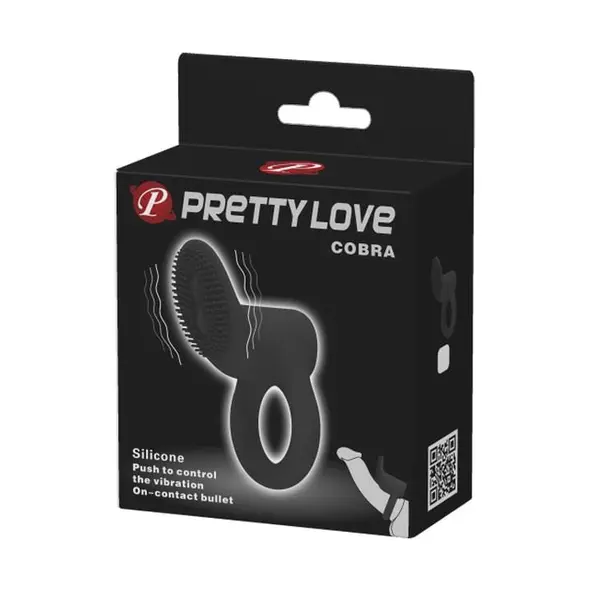 Inel pentru penis cu vibrații Pretty Love - Cobra, silicon moale cu textură stimulatoare, rezistent la apă, negru