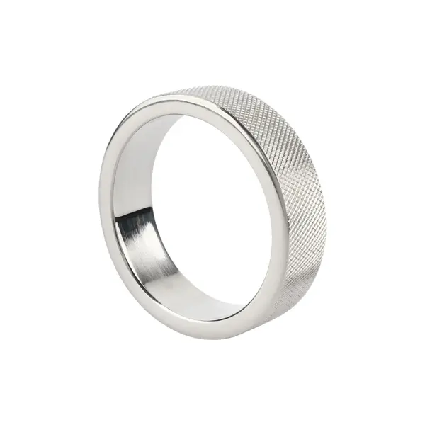 Inel pentru penis MR. STEEL CrissCross C-Ring, cu design geometric, din oțel inoxidabil, diametru 5 cm (mediu), argintiu