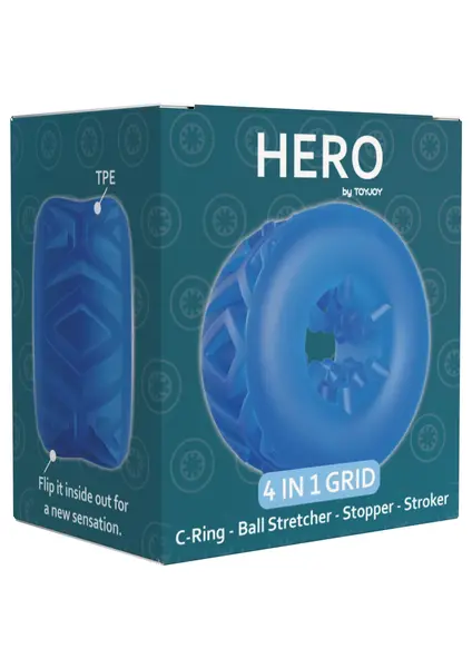 Inel pentru penis ToyJoy - HERO 4-în-1 Grid, design flexibil pentru stimulare intensă, albastru