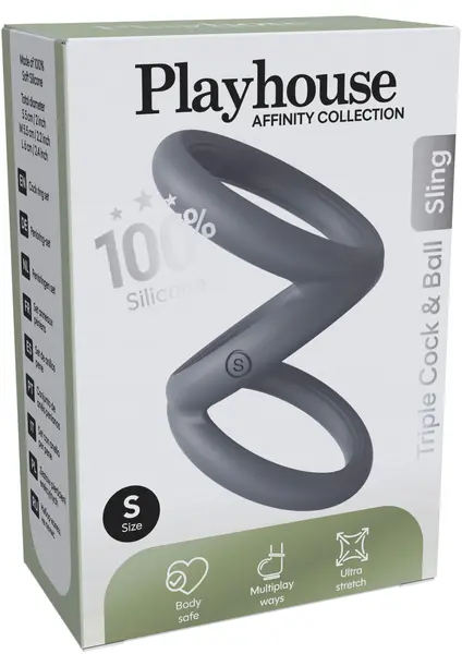 Inel pentru penis triplu Playhouse Affinity - Triple cock & Ball Sling, 100% silicon, ultraflexibil, S, gri