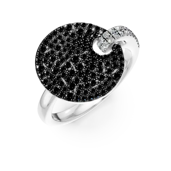 Inel rotund din aur alb cu diamante negre si incolore de 0.86ct