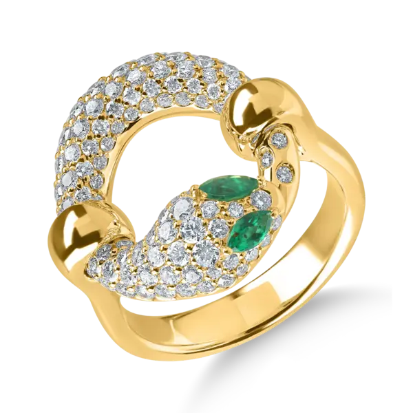 Inel sarpe din aur galben cu smaralde marquise de 0.1ct si diamante de 1.3ct