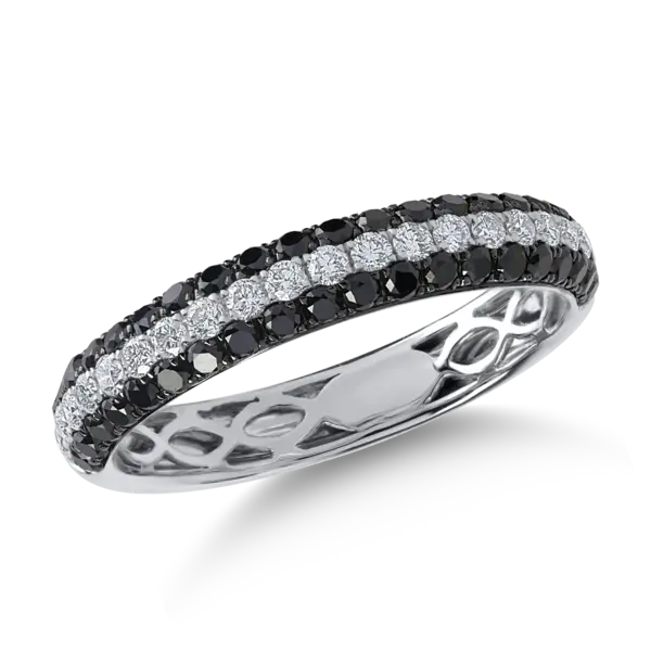Inel semi eternity din aur alb cu diamante incolore si negre de 0.8ct