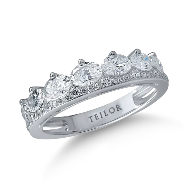 Inel semi eternity din aur alb cu diamante ovale si rotunde de 1.5ct