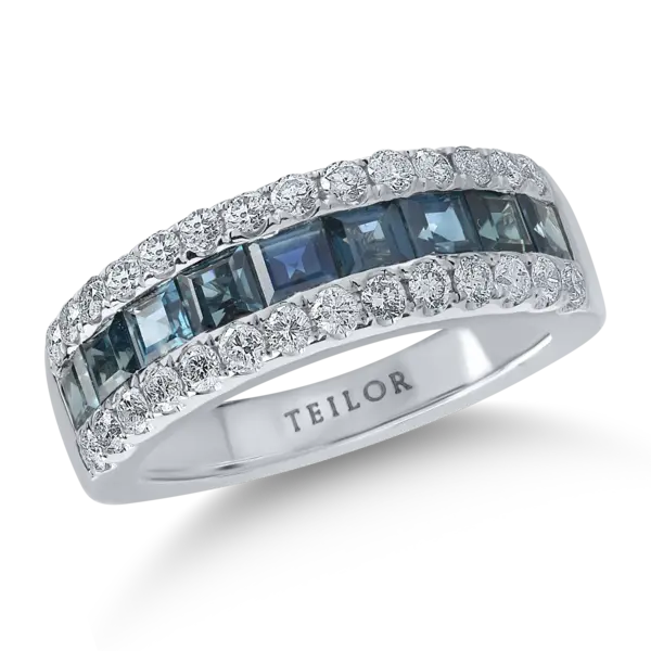 Inel semi eternity din aur alb cu safire princess de 1.79ct si diamante de 0.7ct