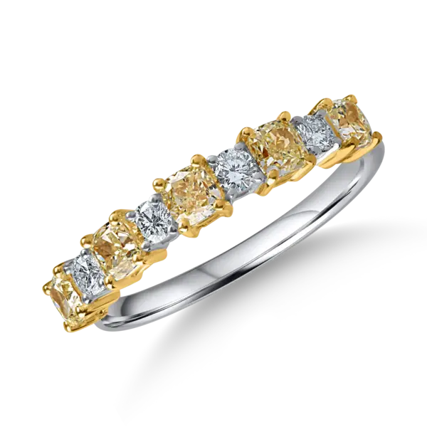 Inel semi eternity din aur alb-galben cu diamante galbene si incolore de 1.2ct