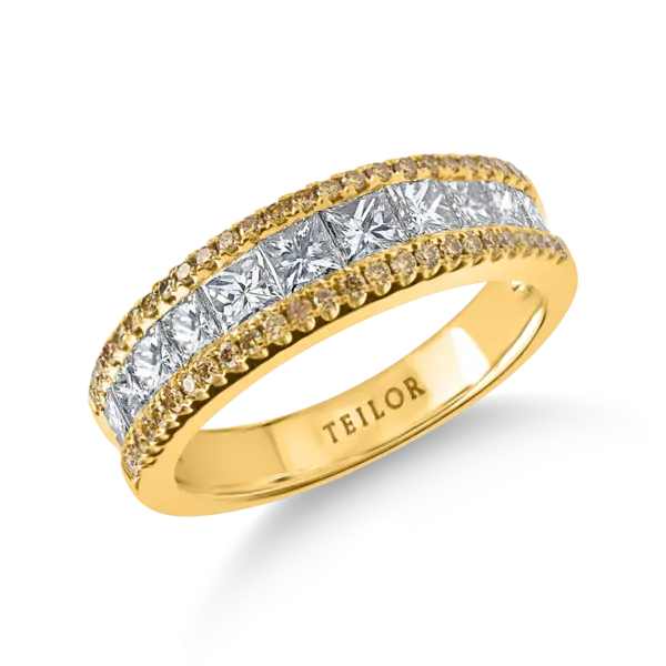 Inel semi-eternity din aur galben cu diamante galbene si diamante incolore princess de 1.4ct